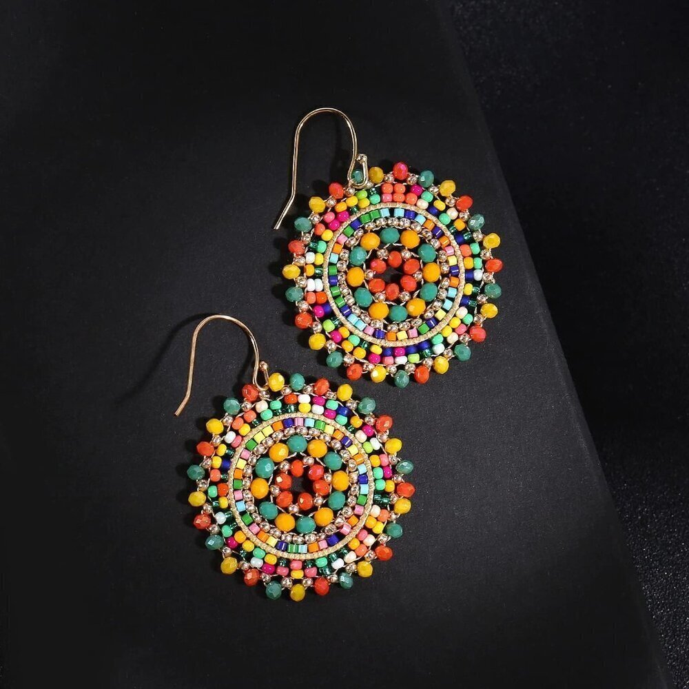 🆕 Women Yellow Summer Beaded Earrings Crystals Glass Dangle Drop Bohemia Lover - Picture 4 of 7